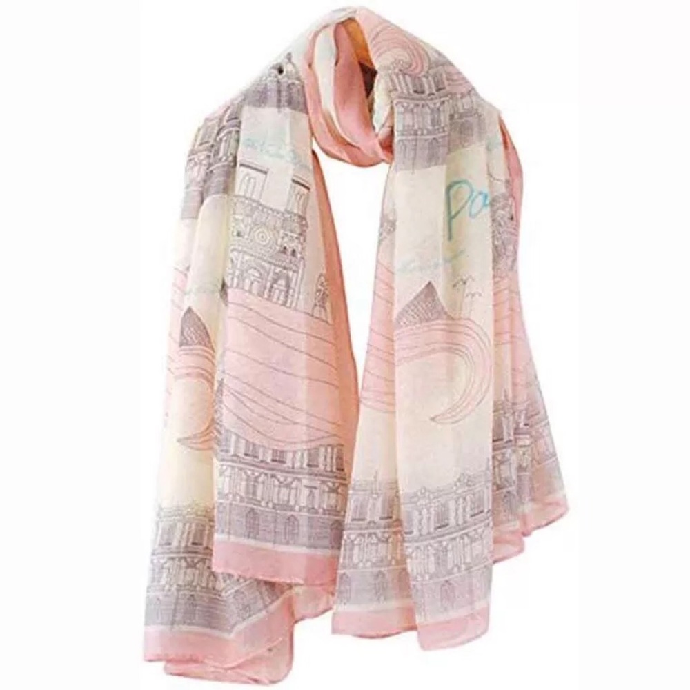 Paris Print Pink and Grey Sheer Chiffon Scarf - Picture 2 of 5